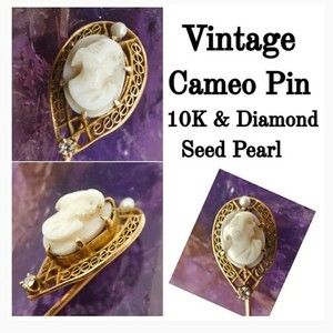 Vintage Cameo Victorian Style 10K Gold Diamond Pearl Stick Pin